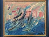 une peinture à l'huile représentant des bateaux dans un port avec des bâtiments à l'arrière-plan