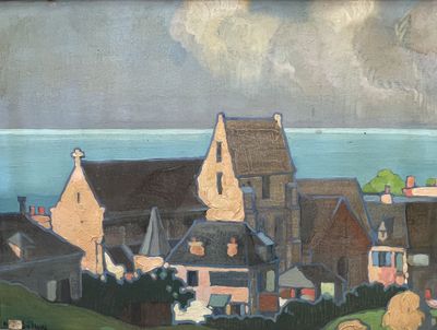 a painting of a town by the water with a sky background