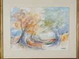 an image of a painting of two trees in a field