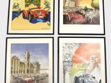 four framed art prints of old cars in front of a building