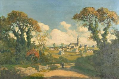 tableau représentant une route de campagne avec une église au loin