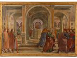 an image of a painting of a group of people standing in front of a building