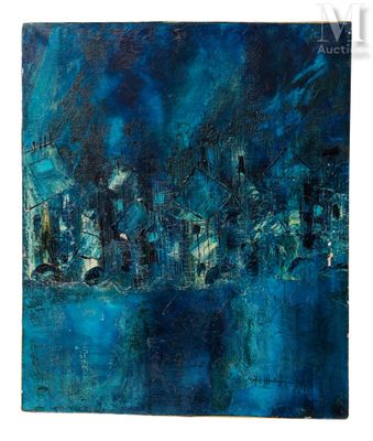 une peinture représentant un paysage urbain dans des tons de bleu et de noir, avec un ciel en arrière-plan
