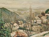un tableau représentant un petit village de montagne