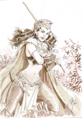 drawing of a woman with a sword in her hand in a field