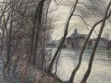 un tableau représentant une rivière avec une église en arrière-plan
