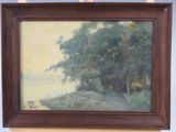 une peinture à l'huile représentant un paysage avec des arbres et un plan d'eau