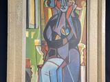 tableau représentant une femme assise sur une chaise, une tasse à la main