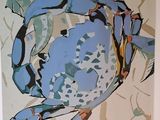 peinture représentant un crabe bleu sur fond beige, avec des caractères chinois