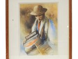 framed watercolor painting of a man with a hat playing a musical instrument