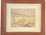 drawing of a landscape in a frame on a wooden easel