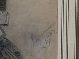 drawing of a woman in a hat and dress holding a cat