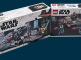 two boxes of lego star wars sets on a blue background