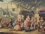 an old painting of a group of people in a village