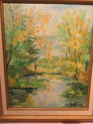 tableau représentant un tableau représentant une rivière avec des arbres en arrière-plan