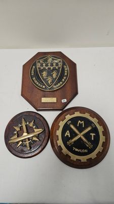 three plaques on a white table with a blue background