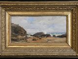 an oil painting of a beach scene with rocks and water