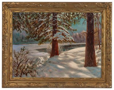 un tableau représentant un paysage enneigé avec des arbres et un étang