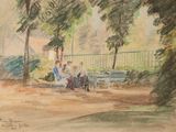 a drawing of a group of people sitting on a bench in a park