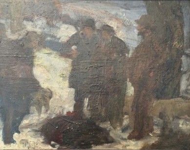 un tableau représentant un groupe de personnes et un chien dans la neige