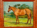 une peinture à l'huile représentant un cheval debout dans un champ, avec des arbres en arrière-plan