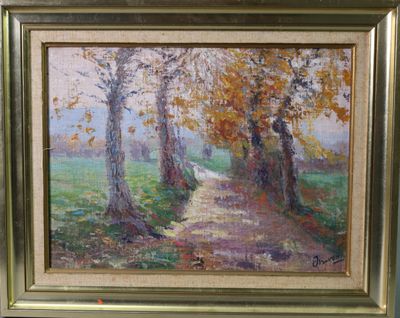 une peinture à l'huile représentant un chemin traversant un champ bordé d'arbres