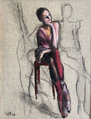 tableau représentant une femme assise sur une chaise devant le dessin d'un homme