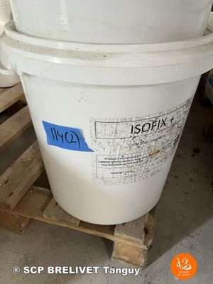 a white bucket sitting on top of a pallet