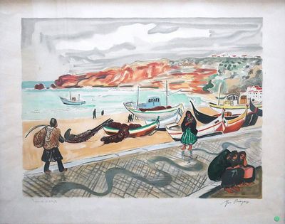 a painting of people on the beach with boats in the water
