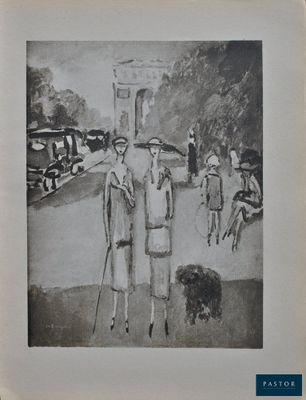 un dessin en noir et blanc représentant un homme et une femme promenant un chien
