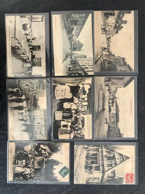 several old black and white photographs of people standing in front of a building