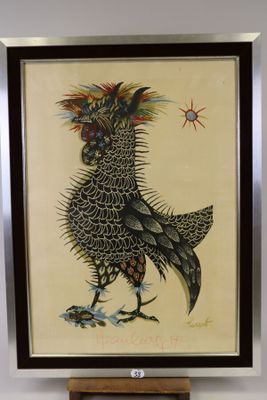 une photo d'un tableau représentant un oiseau, dans un cadre