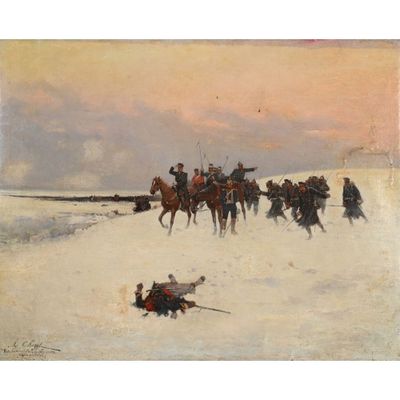tableau représentant un groupe d'hommes à cheval dans la neige
