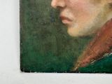 a painting of a woman with a red scarf on