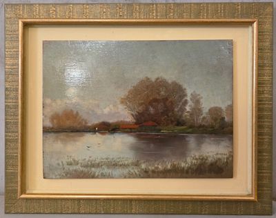 une image représentant un tableau d'un lac avec des canards dans l'eau