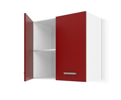 un gros plan d'une armoire rouge et blanche dont la porte est ouverte