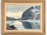 an image of a painting of a mountain with a lake in the foreground