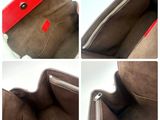 several pictures of a purse with a red handle and a zipper