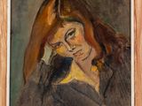an oil painting of a woman with glasses and a brown jacket