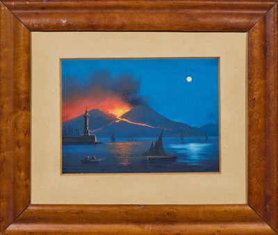 une image représentant un tableau où l'on voit un bateau sur l'eau, avec une montagne en arrière-plan