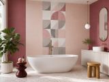 une baignoire au milieu d'une salle de bains, avec une plante dans un coin