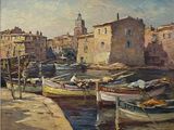 a painting of boats in a harbor with buildings in the background