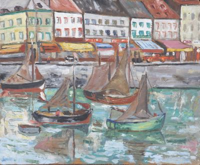 many boats that are in the water in this painting