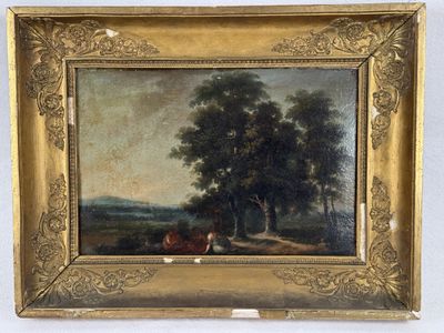 painting of two cows in a wooded landscape with trees in the background