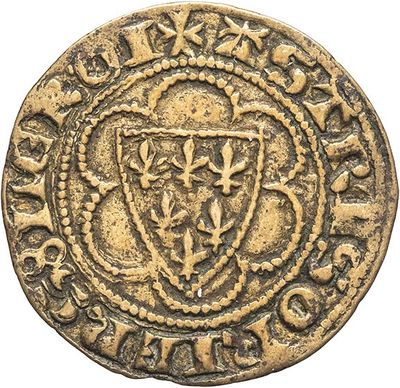 a gold coin with a shield on it