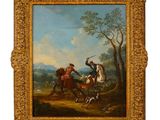 une image représentant un tableau où l'on voit deux hommes à cheval dans un paysage boisé