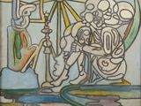 un tableau représentant un groupe de personnes debout autour d'une roue