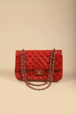 chanel red quilted lambskin flap bag with chain strap