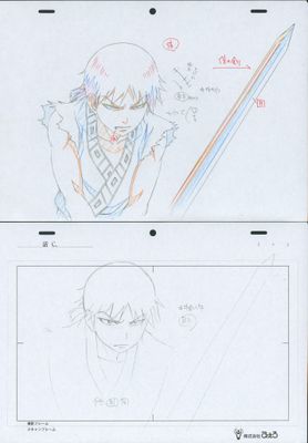sketches of a drawing of a man with a sword and a woman with a sword
