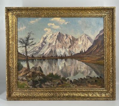 une peinture à l'huile représentant une scène de montagne avec un lac au premier plan